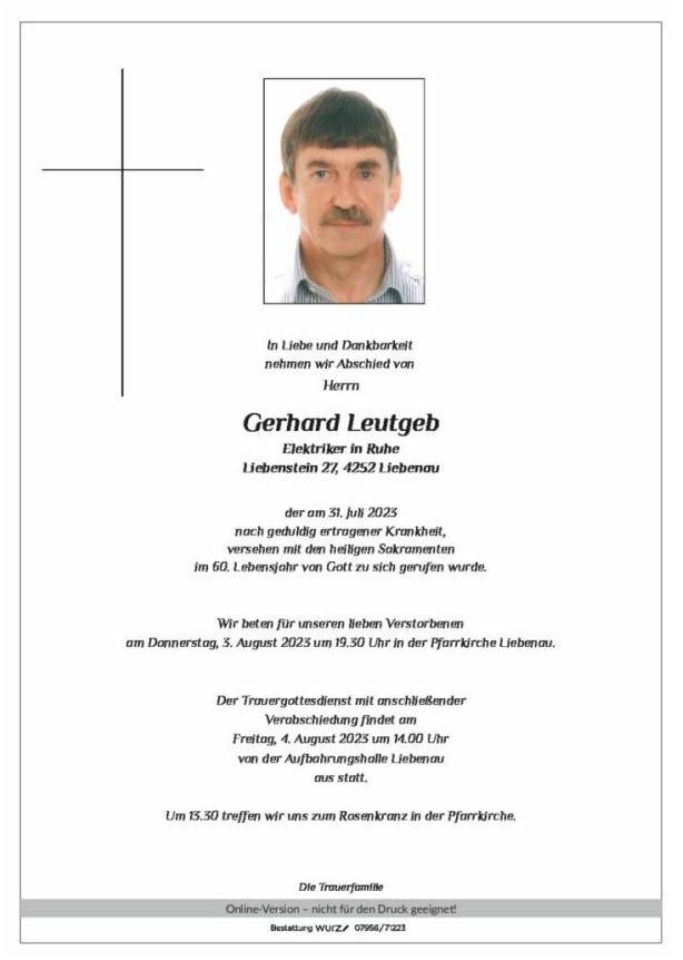 Wir trauern um unseren verstorbenen Ehren-Amtswalter Gerhard Leutgeb